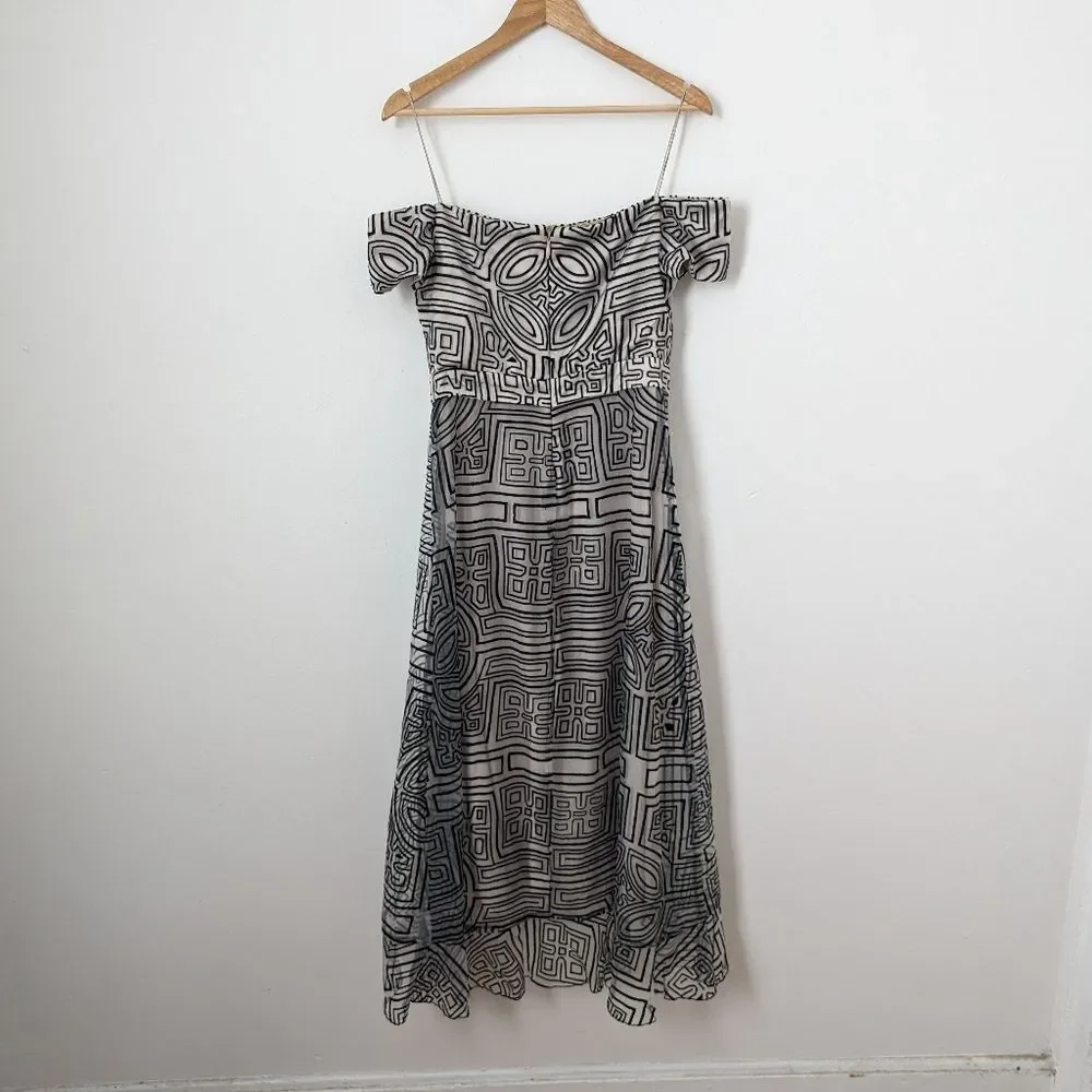 Nicole Miller Collection ivory black geo embroidered off shoulder midi dress